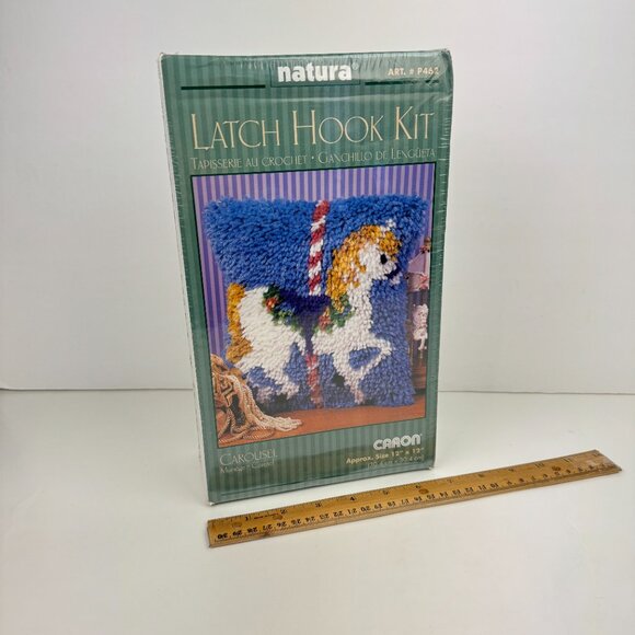 Sealed Vtg White Carousel Horse Latch Hook Kit Natura Caron 12 in x 12 in READ - Picture 1 of 14